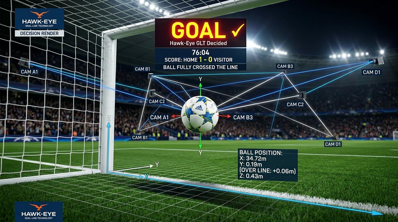 Goal-Line Technology (GLT) Hawk-Eye camera trajectory triangulation overlay
