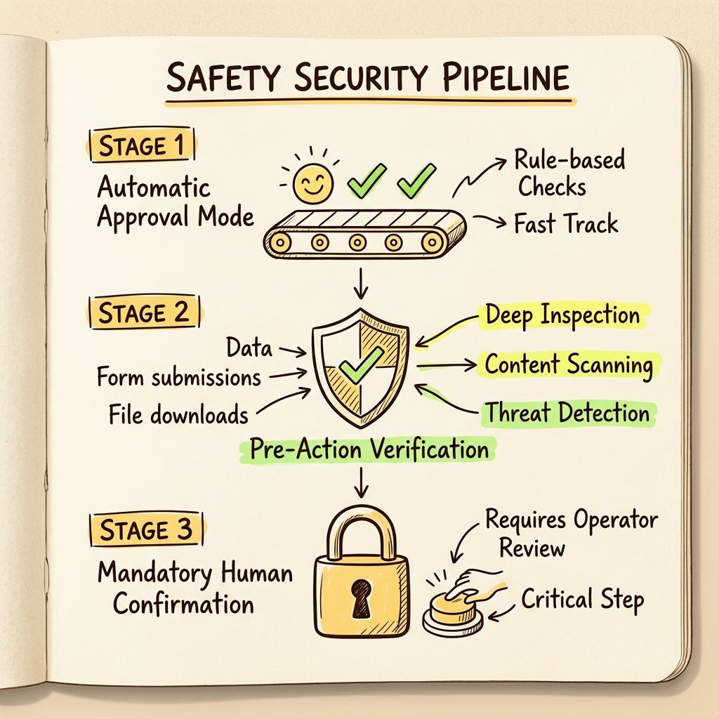 2-Stage Pre-Action Verification Architecture Diagram for Claude in Chrome