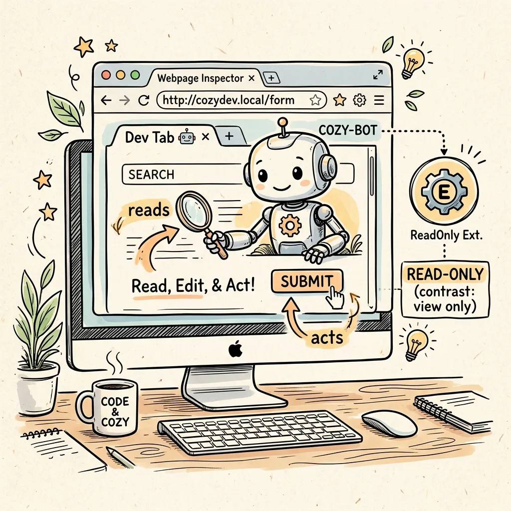 Alt Text: A doodle-style illustration of a browser window with a small robot assistant reading a webpage and reaching out with a cursor-shaped hand to click a button