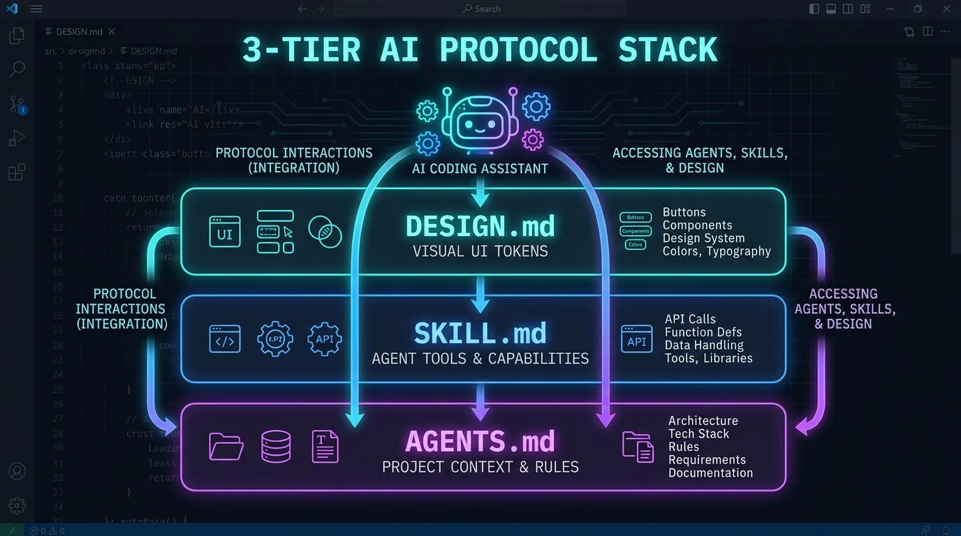 The Three-Tier Markdown AI Protocol Stack: AGENTS.md, SKILL.md, and DESIGN.md