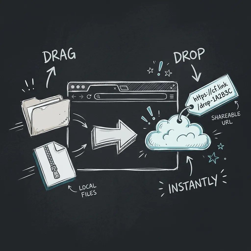 Cloudflare Drop Cover Illustration representing Drag and Drop local folder/zip uploads into browser to shoot out a shareable live cloud URL