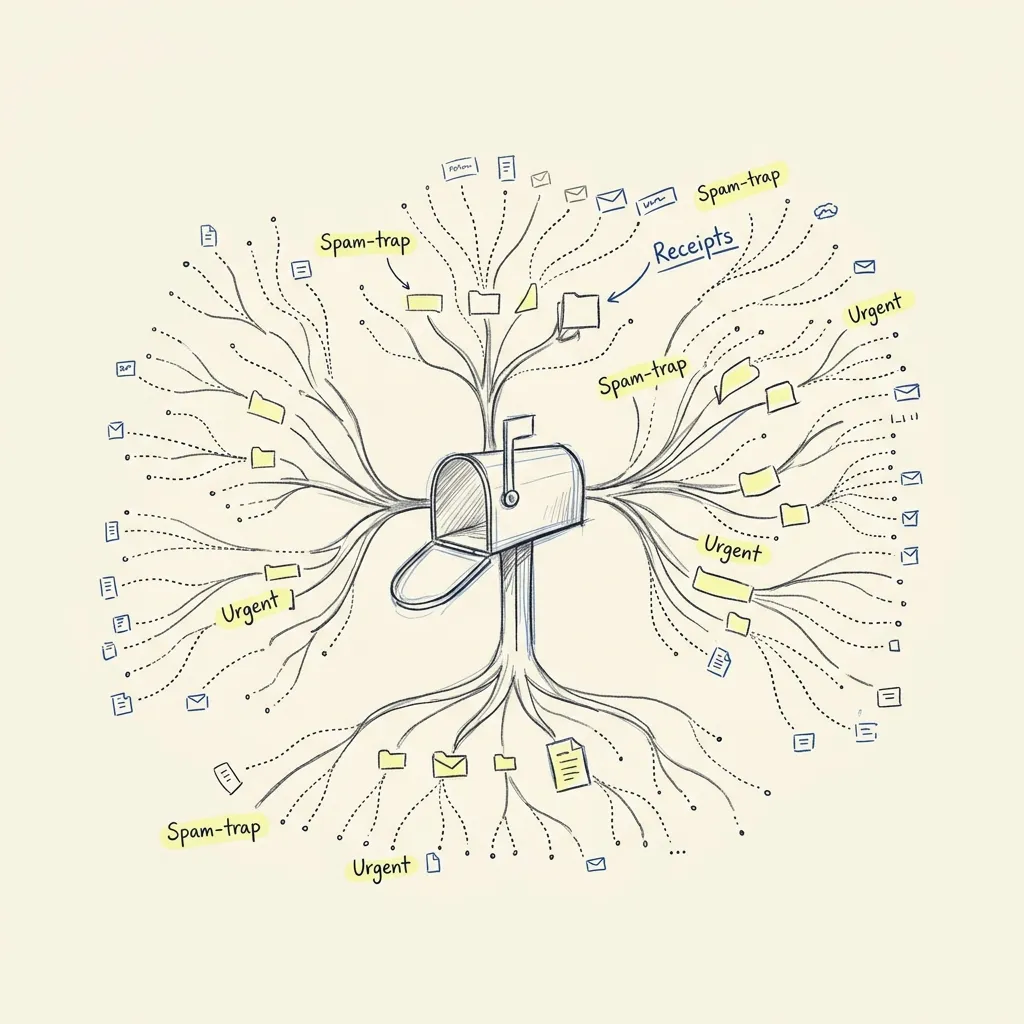 Mailbox branching into an organized network of sub-folders, representing email aliases and digital privacy