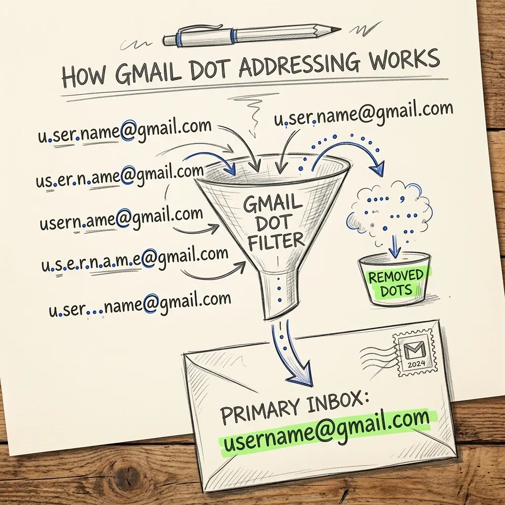 Infographic displaying Gmail Dot addressing stripping periods to route multiple aliases to a single inbox
