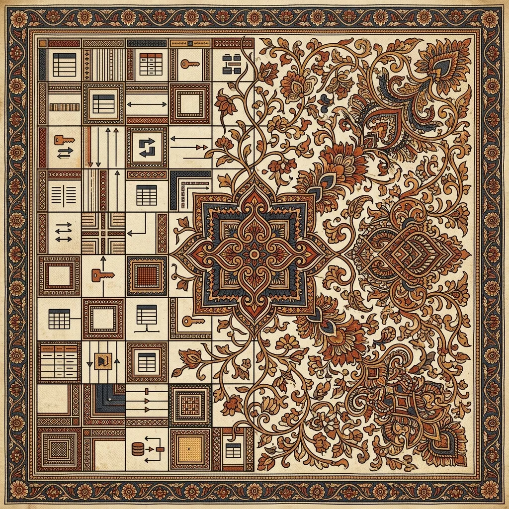 Kalamkari illustration of hybrid database design showing structured grid patterns blending into organic flexible shapes