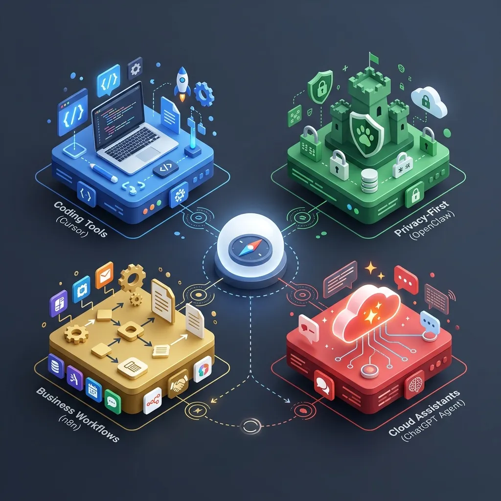 AI Agents Ecosystem Comparison: A 3D flat-lay isometric exploded diagram comparing Coding Tools, Privacy-First, Business Workflows, and Cloud Assistants.