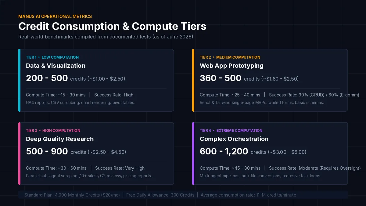 Manus AI Credit & Consumption Tiers: A 3D flat-lay isometric exploded diagram illustrating task tiers and credit costs.