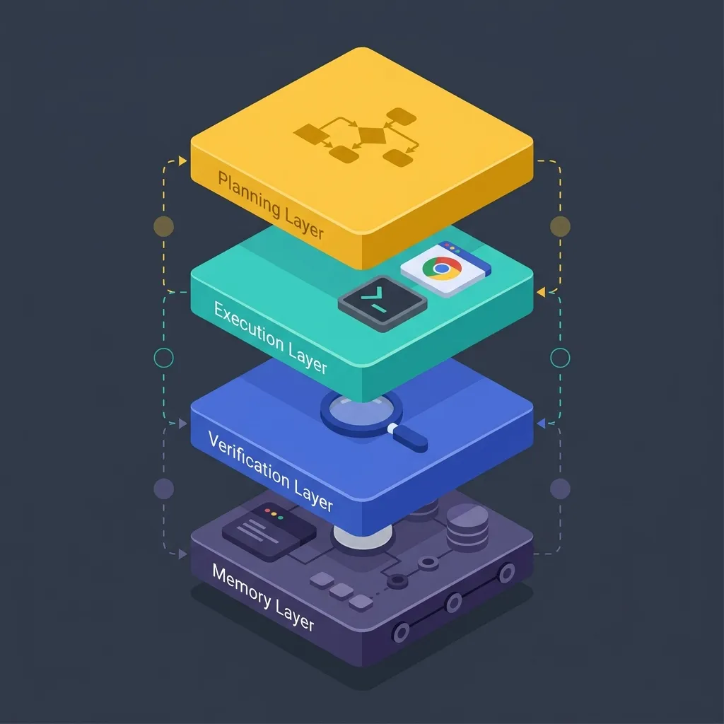 Anatomy of Manus AI Autonomy: A 3D flat-lay isometric exploded diagram showcasing the 4 layers: Planning, Execution, Verification, and Memory.