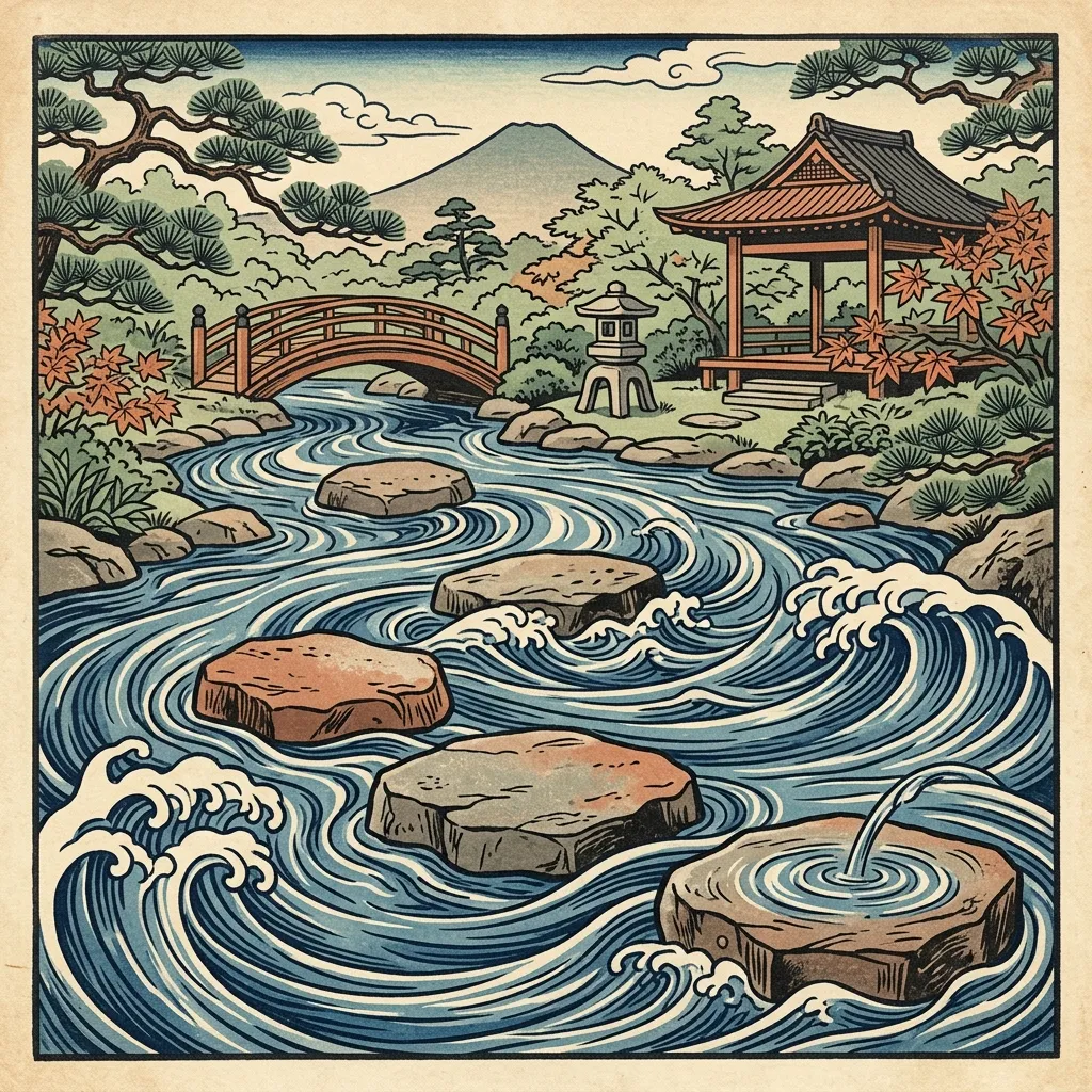 Ukiyo-e style waves flowing around five stepping stones illustrating the Observe-Reason-Act ReAct loop of AWS Strands Agents