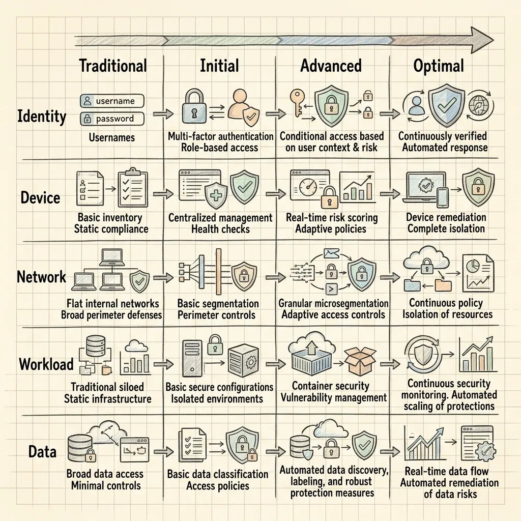 Isometric infographic showing the five CISA zero trust pillars — Identity, Devices, Networks, Applications and Workloads, Data — each climbing four maturity steps from Traditional to Optimal