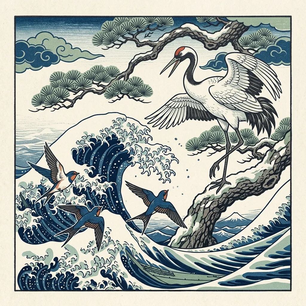 Ukiyo-e style illustration of multi-agent collaboration with a supervisor crane bird coordinating tasks for worker swallows
