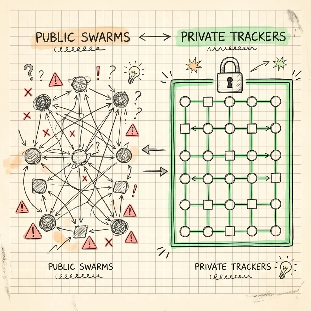 Diagram comparing chaotic public swarms with exposed IPs versus clean, locked private trackers on graph paper