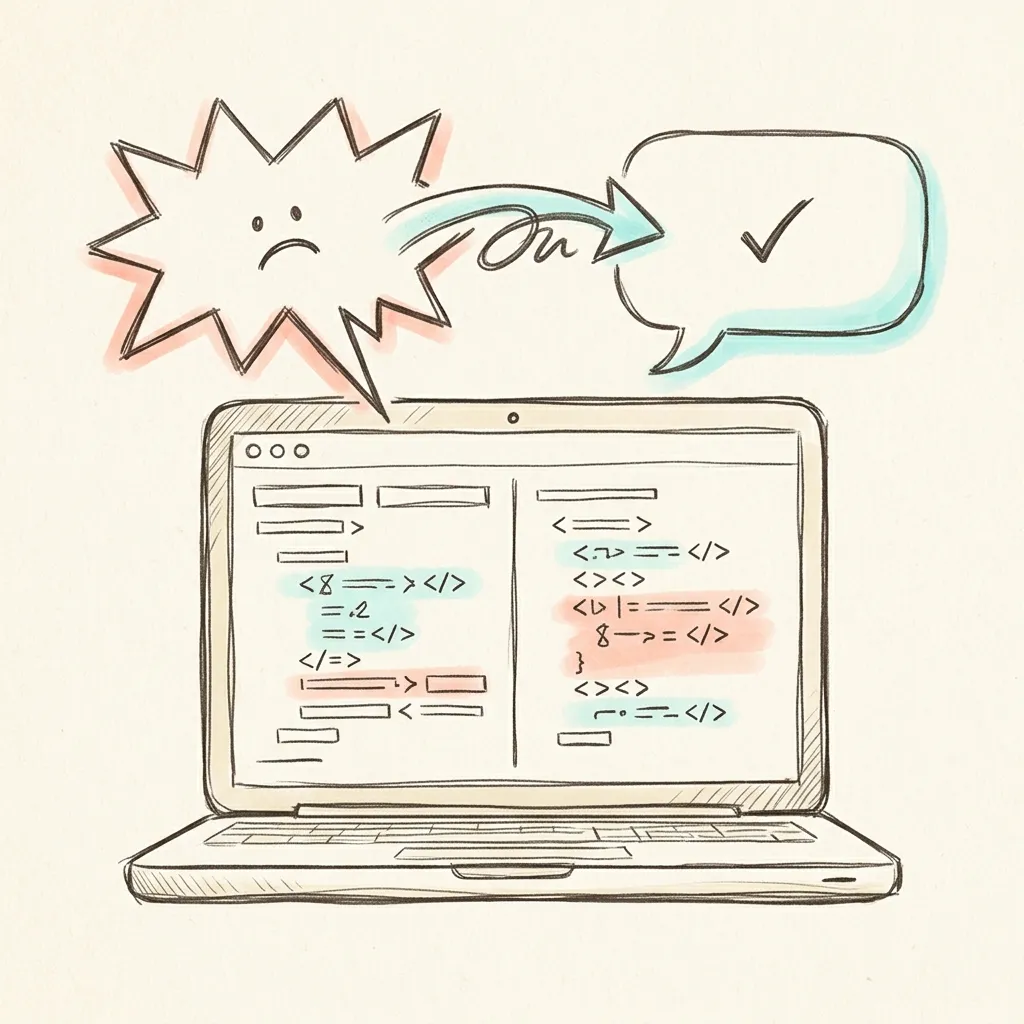 Doodle sketch note comparing a blunt one-line review comment with a rewritten collaborative version, shown as two illustrated speech bubbles on a code review screen