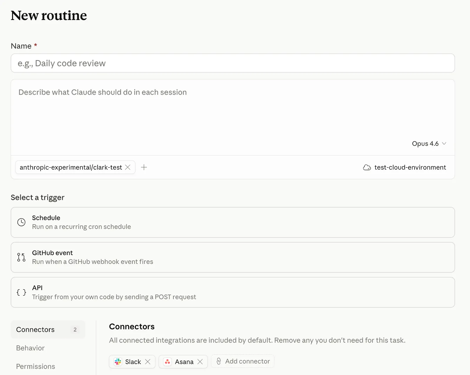 Claude Code Routines setup interface