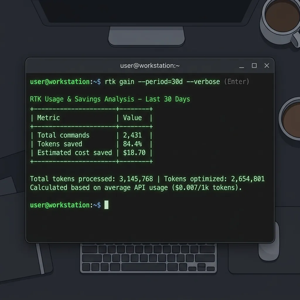 RTK gain command output showing total tokens saved and cost reduction across a week of development with Claude Code.