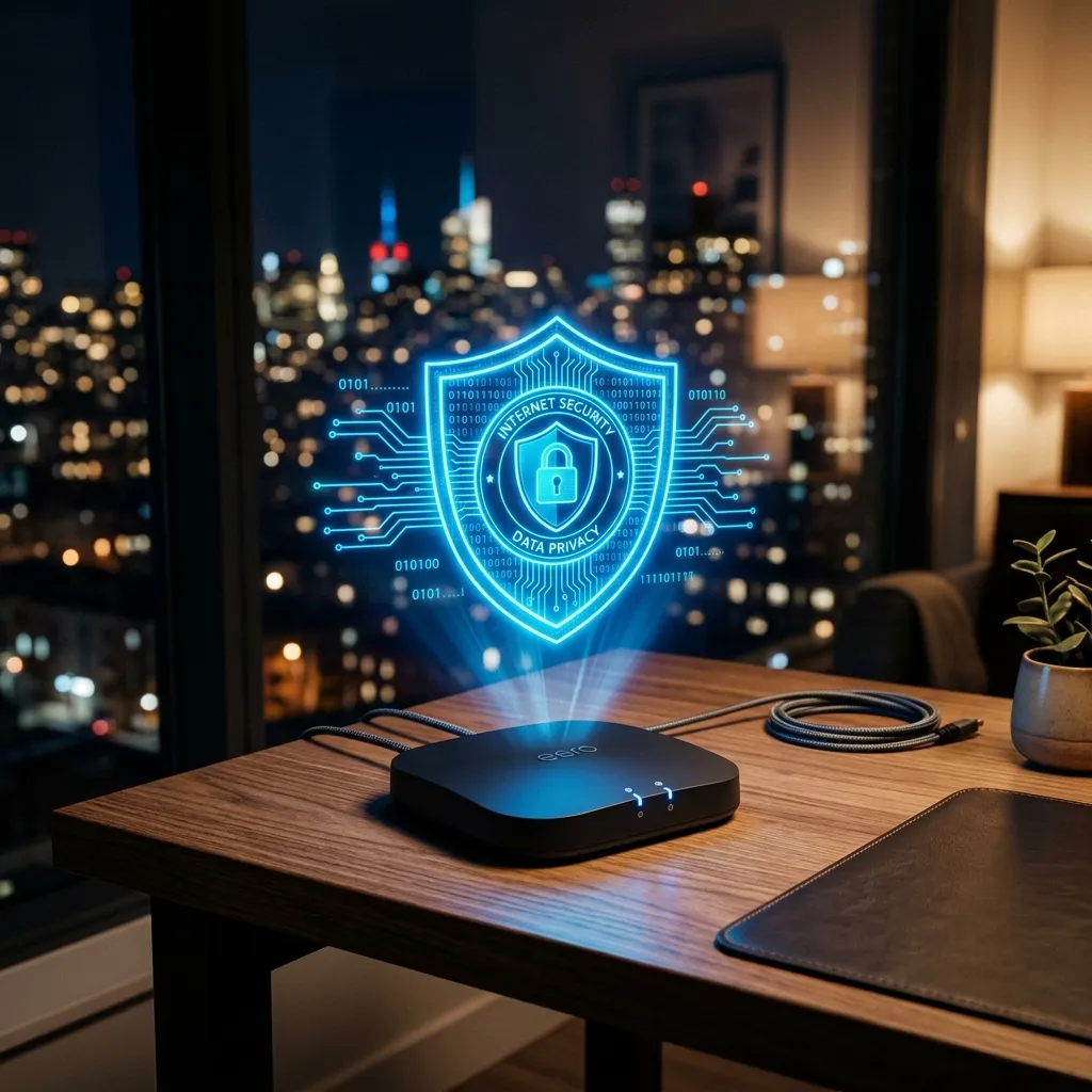 VPN security holographic shield protecting a router at night