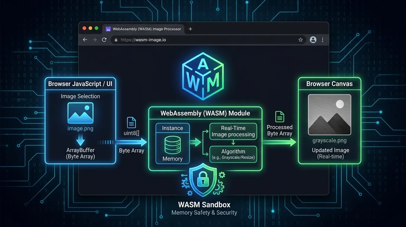 WebAssembly browser sandbox image processing byte array flow diagram