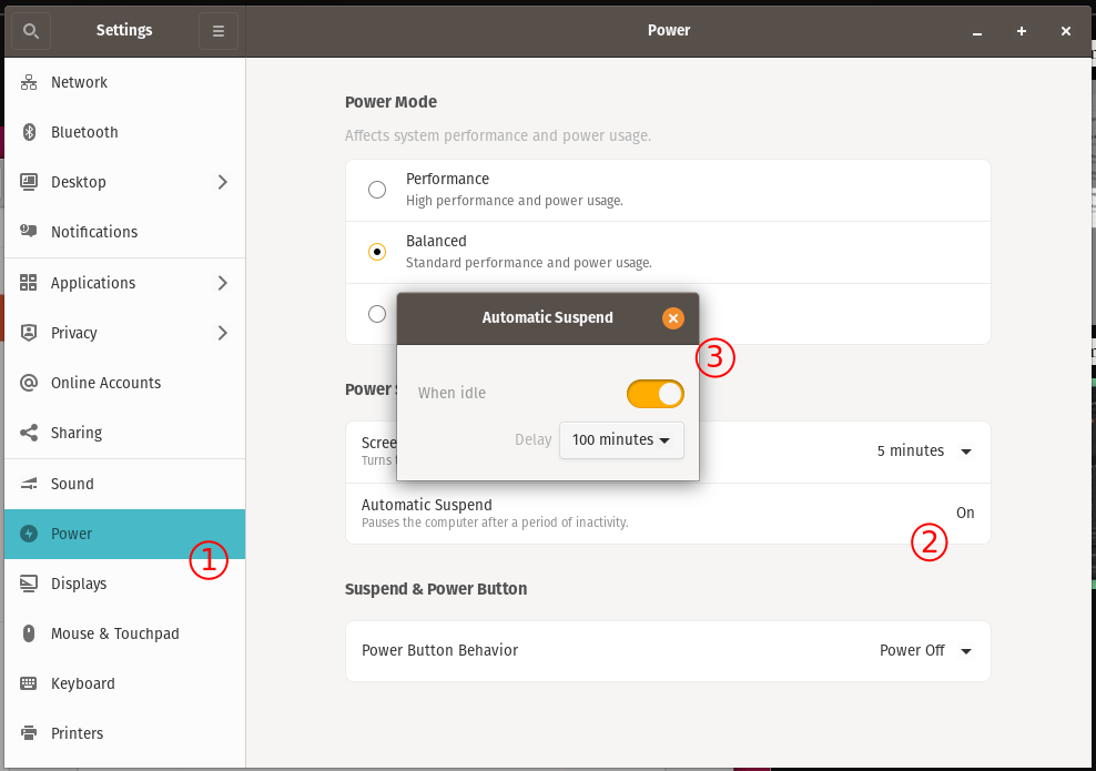 Ubuntu 22.04 settings for auto-suspend feature.